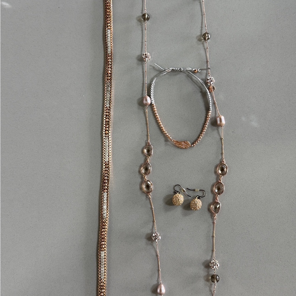 Stella & Dot Rose Gold/Silver Necklace,wrap bracelet, wing bracelet, earrings